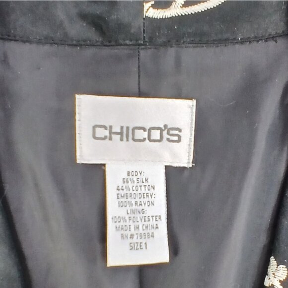 Chico's Black Silk Short Cropped Embroidered Floral Open Front Blazer Jacket EUC - Picture 6 of 6